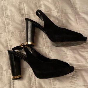 Tory Burch Black Slingback Heels with Gold Detail